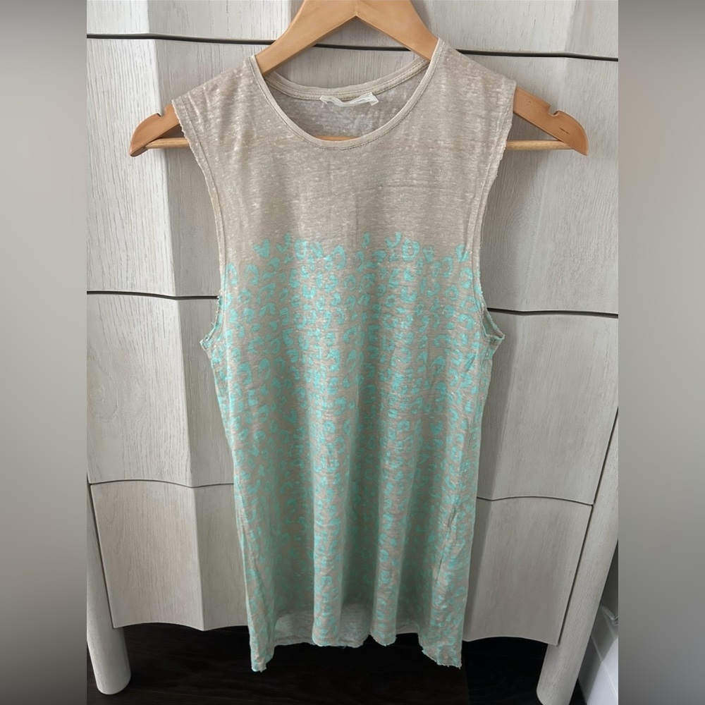 100% linen Zara Cream Tank with Mint Leopard Print - size small